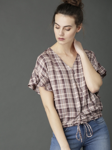 

Roadster Women Beige & Brown Checked Blouson Top