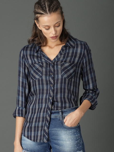 

Roadster Women Navy Blue Regular Fit Checked Casual Shirt