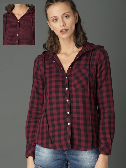 

Roadster Fast and Furious Women Red & Black Regular Fit Checked Reversible Casual Shirt