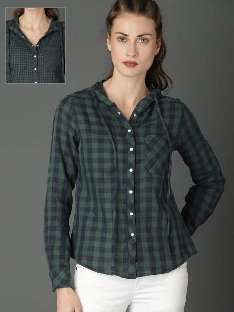 

Roadster Women Green & Navy Blue Regular Fit Checked Reversible Casual Shirt