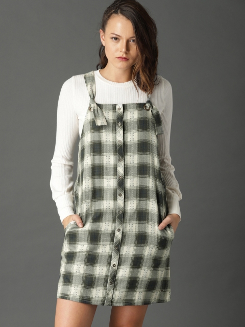 

Roadster Women Olive Green & Off-White Checked Pinafore Dress