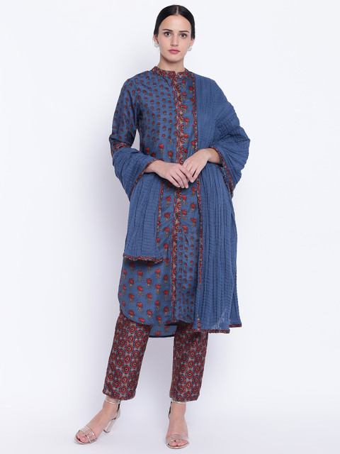 

Biba Women Teal Blue & Rust Red Printed Kurta with Trousers & Dupatta