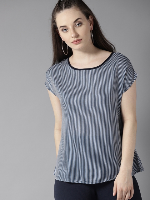 

HERE&NOW Women Navy Blue & White Striped A-Line Top