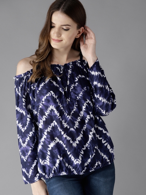 

HERE&NOW Women Navy Blue & White Printed Bardot Top