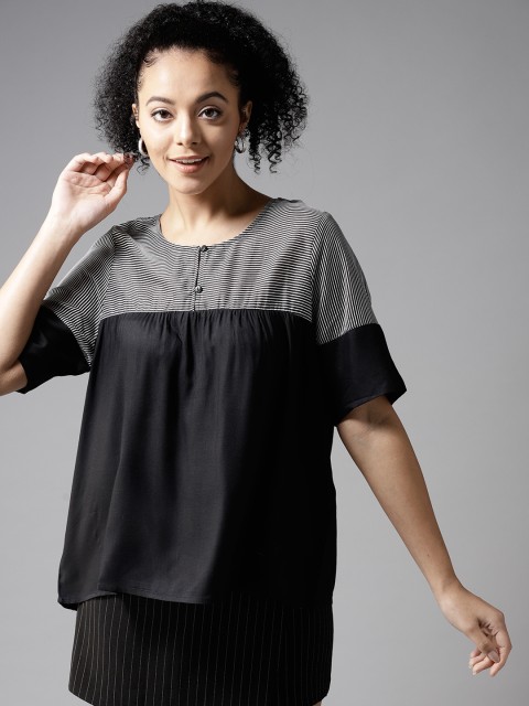 

HERE&NOW Women Black & White Striped A-line Top