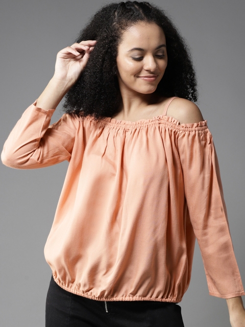 

HERE&NOW Women Peach-Coloured Solid Bardot Top