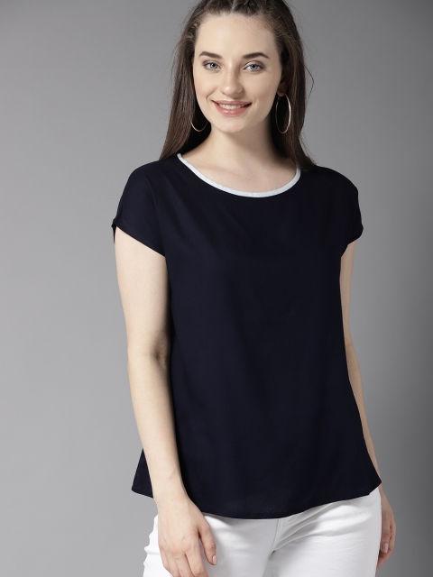 

HERE&NOW Women Navy Blue Solid A-Line Top