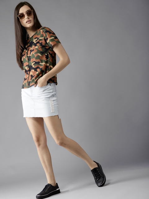 

HERE&NOW Women Olive Green & Brown Printed Shirt Style Top