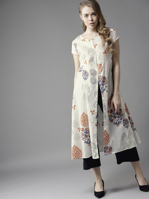 

HERE&NOW Women Off-White & Rust Orange Printed A-Line Kurta