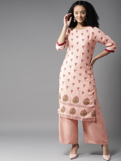 

HERE&NOW Women Peach-Coloured Printed Straight Kurta