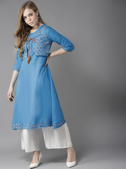 

HERE&NOW Women Blue Solid A-Line Kurta with Attached Jacket