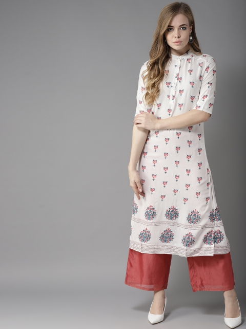 

HERE&NOW Women White & Pink Printed Straight Kurta