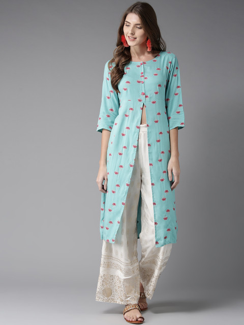 

HERE&NOW Women Blue & Pink Printed High Slit A-Line Kurta