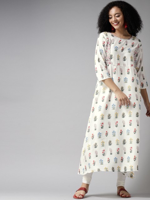 

HERE&NOW Women White & Green Printed Kurta with Churidar
