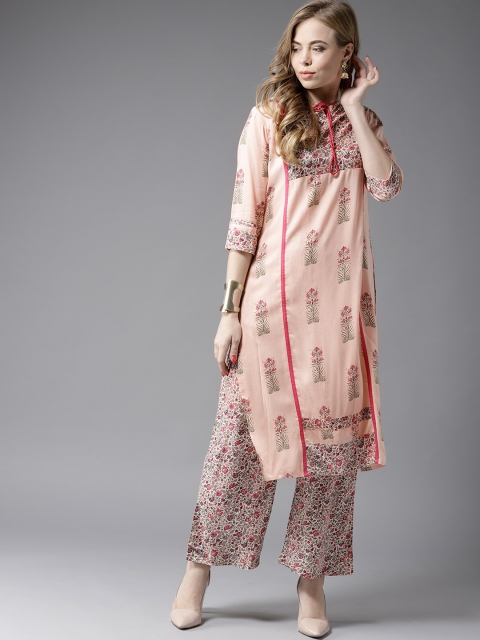 

HERE&NOW Women Peach-Coloured & Green Printed Kurta with Palazzos