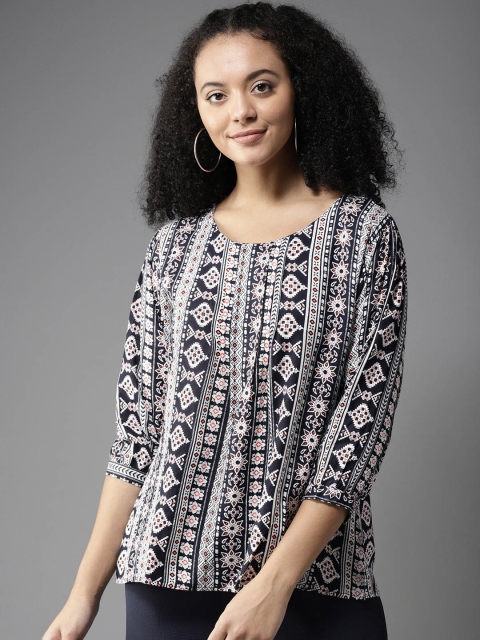 

HERE&NOW Women Navy & White Printed Styled Back Top, Navy blue
