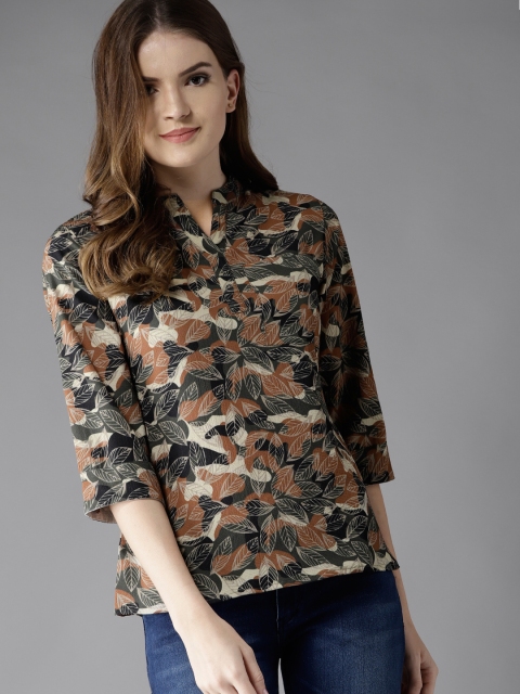 

HERE&NOW Women Olive Green & Rust Brown Printed A-Line Top