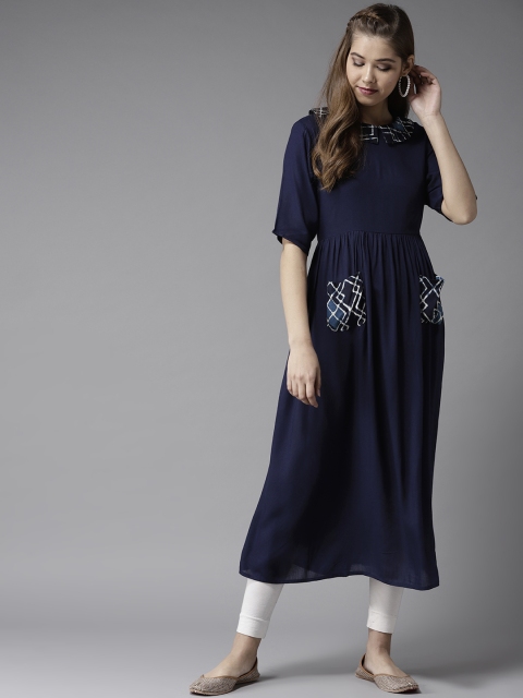 

HERE&NOW Women Navy Blue Solid A-Line Kurta