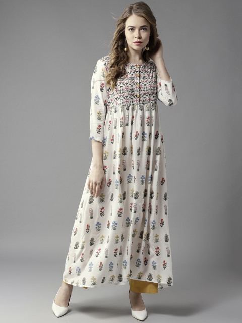

HERE&NOW Women Off-White & Pink Printed A-Line Kurta