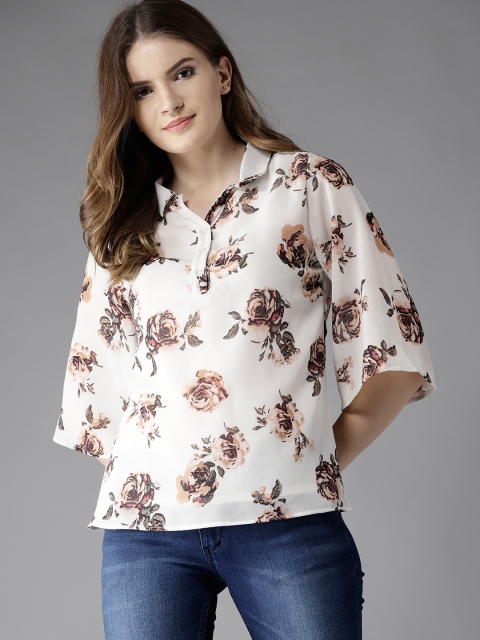 

HERE&NOW Women Off-White & Brown Printed Shirt Style Top