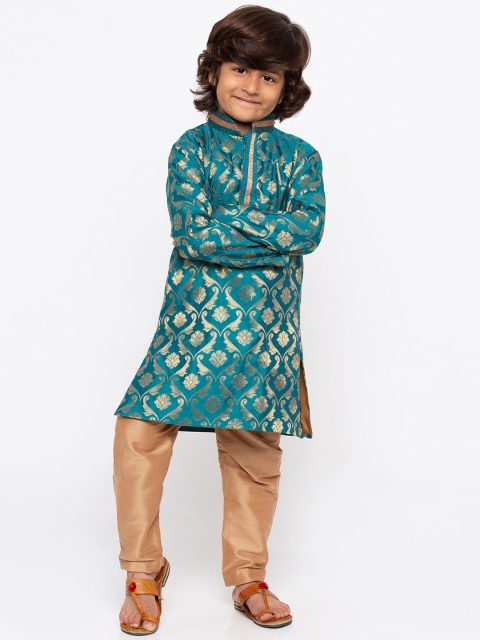 

JBN Creation Boys Turquoise Blue & Gold-Coloured Printed Kurta with Churidar