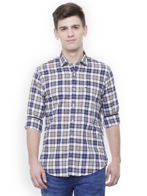 

Peter England Casuals Men Olive Green & Blue Slim Fit Checked Casual Shirt