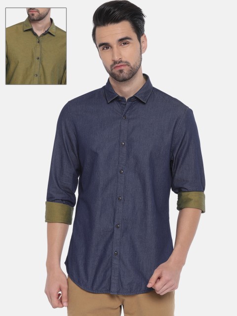 

Peter England Casuals Men Blue & Olive Green Regular Fit Solid Reversible Casual Shirt