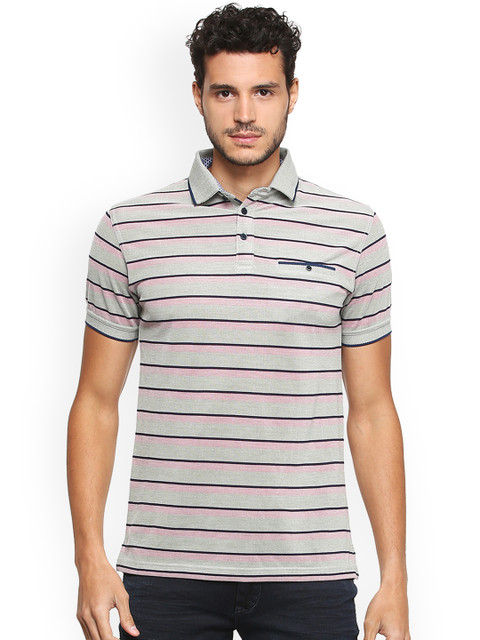 

Peter England Men Olive Green & Blue Striped Polo Collar T-shirt