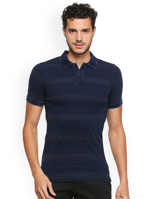 

Peter England Men Navy Blue Striped Polo Collar T-shirt