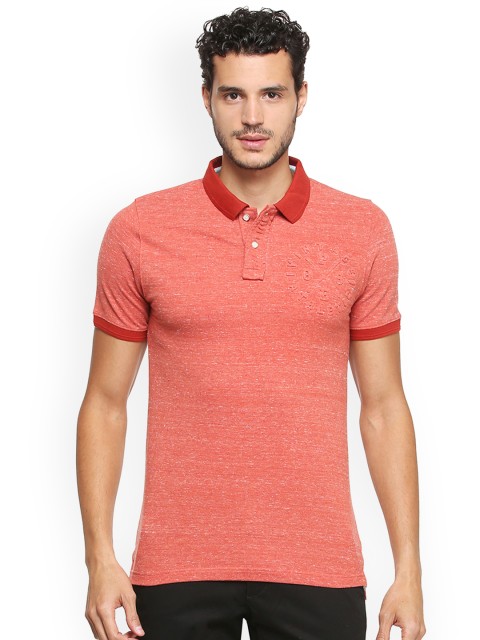 

Peter England Men Maroon Self Design Polo Collar Pure Cotton T-shirt