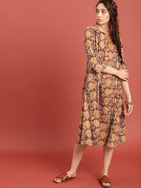 

Taavi Women Maroon & Mustard Yellow Hand Block Print Kalamkari Midi Sustainable Dress with Pocket