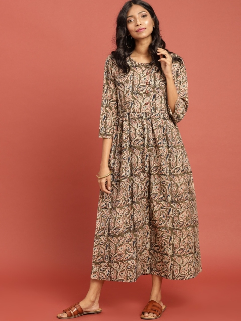 

Taavi Women Olive Green & Red Kalamkari Hand Block Print A-Line Sustainable Dress with Gathers