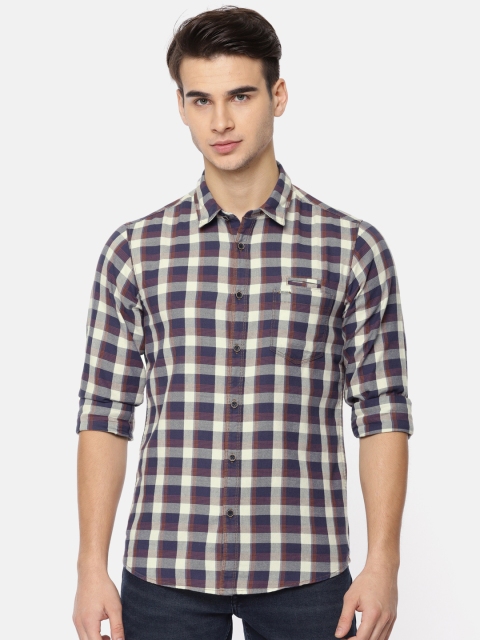 

Pepe Jeans Men Navy Blue & Off White Slim Fit Checked Casual Shirt