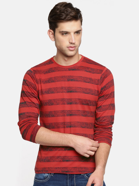 

Pepe Jeans Men Red & Navy Blue Striped Slim Fit Round Neck T-shirt