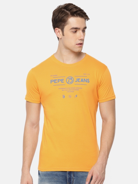 

Pepe Jeans Men Mustard Yellow Printed Round Neck Pure Cotton T-shirt