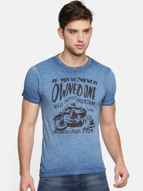 

Pepe Jeans Men Blue Printed Round Neck Pure Cotton T-shirt