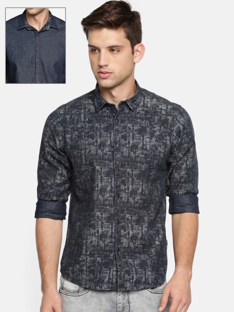 

Pepe Jeans Men Navy Blue Chambray Printed Reversible Casual Shirt
