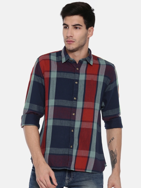 

Pepe Jeans Men Navy Blue & Rust Orange Regular Fit Checked Casual Shirt