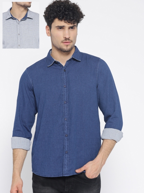 

Pepe Jeans Men Navy Regular Fit Solid Chambray Casual Reversible Shirt, Navy blue