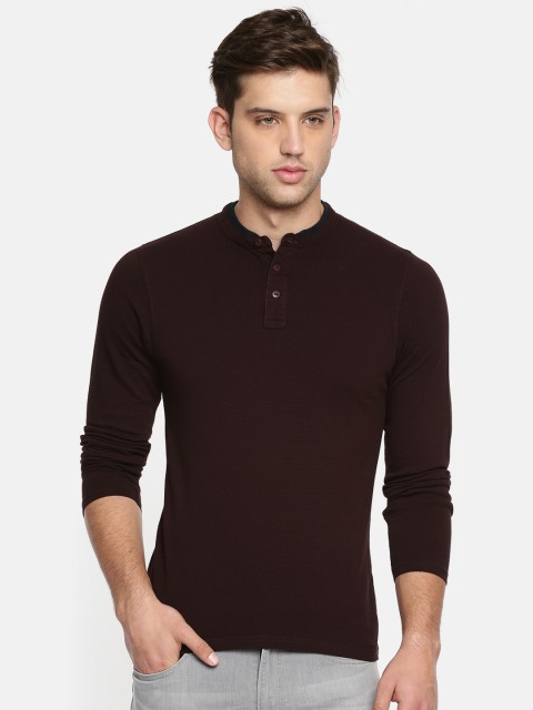

Pepe Jeans Men Brown Solid Henley Neck Pure Cotton T-shirt