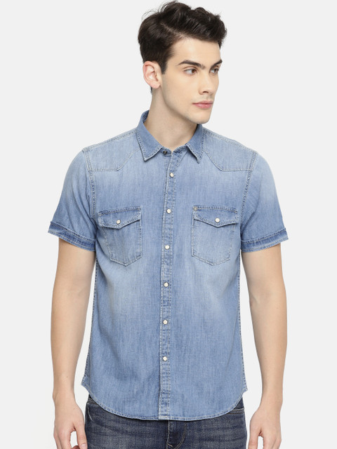 

Pepe Jeans Men Blue Regular Fit Faded Denim Casual Shirt