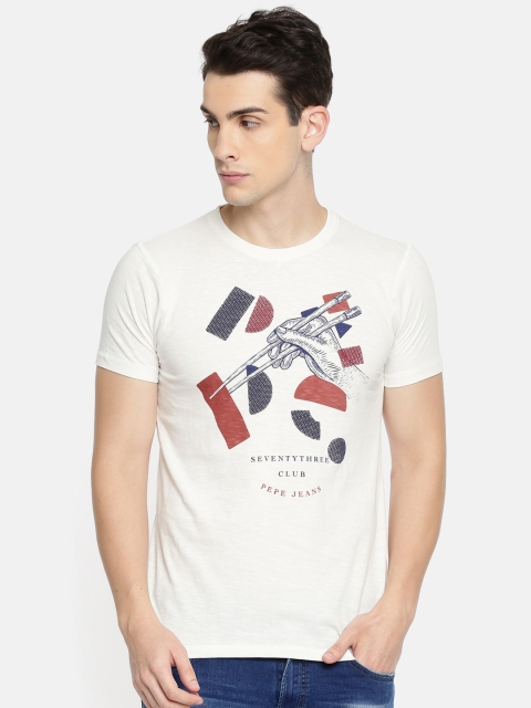 

Pepe Jeans Men Off-White Printed Round Neck Pure Cotton T-shirt