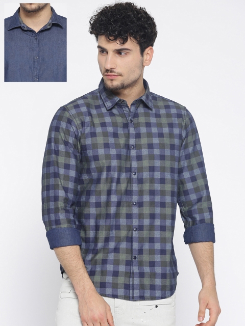 

Pepe Jeans Men Navy Blue & Olive Green Regular Fit Checked Casual Reversible Shirt
