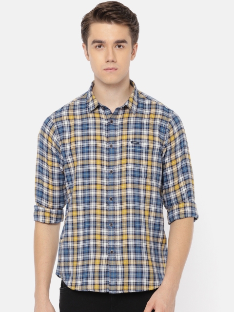 

Pepe Jeans Men Yellow & Navy Blue Regular Fit Checked Casual Shirt