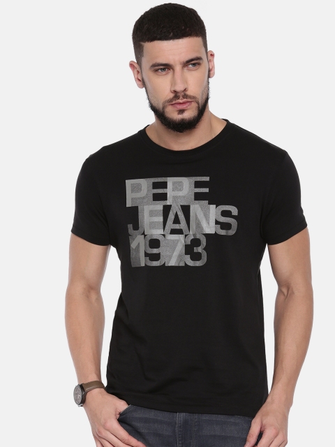 

Pepe Jeans Men Black Printed Slim Fit Round Neck Pure Cotton T-shirt