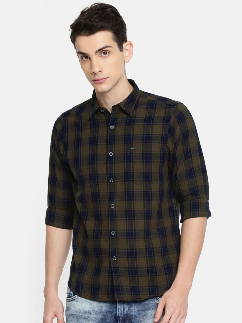 

Pepe Jeans Men Olive Green & Navy Blue Regular Fit Checked Casual Shirt