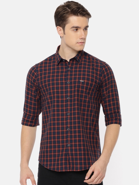 

Pepe Jeans Men Navy Blue & Rust Regular Fit Checked Casual Shirt