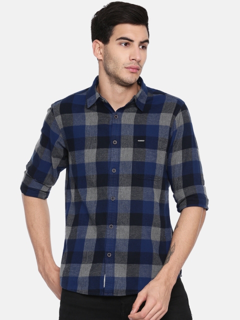 

Pepe Jeans Men Navy & Charcoal Grey Regular Fit Checked Casual Shirt, Navy blue