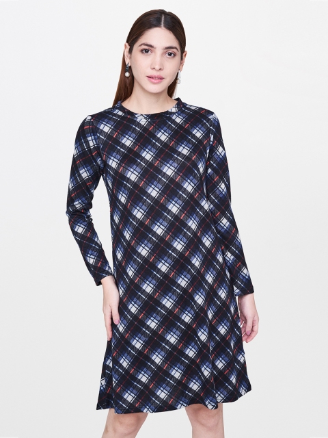 

AND Women Navy Blue Checked Sheath Dress