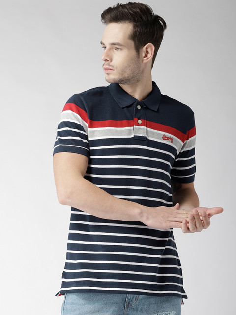 

Aeropostale Men Navy Blue & White Striped Polo Collar T-shirt